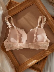 Crystal Vow 1pc Lace Floral Comfortable Padded Underwire Bra, Lift-Up Lingerie Set Wedding Guest Apricot Summer - Dusty Pink - View 6