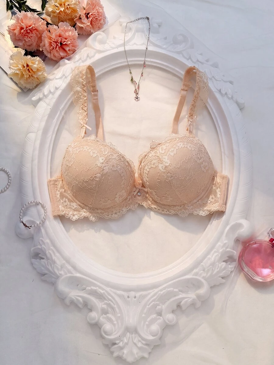 Crystal Vow 1pc Lace Floral Comfortable Padded Underwire Bra, Lift-Up Lingerie Set Wedding Guest Apricot Summer - Dusty Pink - View 1