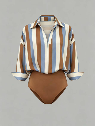 Olithes Women's Striped Colorblock Casual Versatile Daily Wear Bodysuit