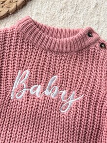 SHEIN Newborn Baby Letter Embroidered Autumn Winter Sweater, Leggings, Bow Decor Socks And Hat Knit Set - Pink - View 3