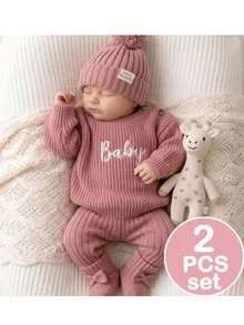 SHEIN Newborn Baby Letter Embroidered Autumn Winter Sweater, Leggings, Bow Decor Socks And Hat Knit Set - Pink - View 1