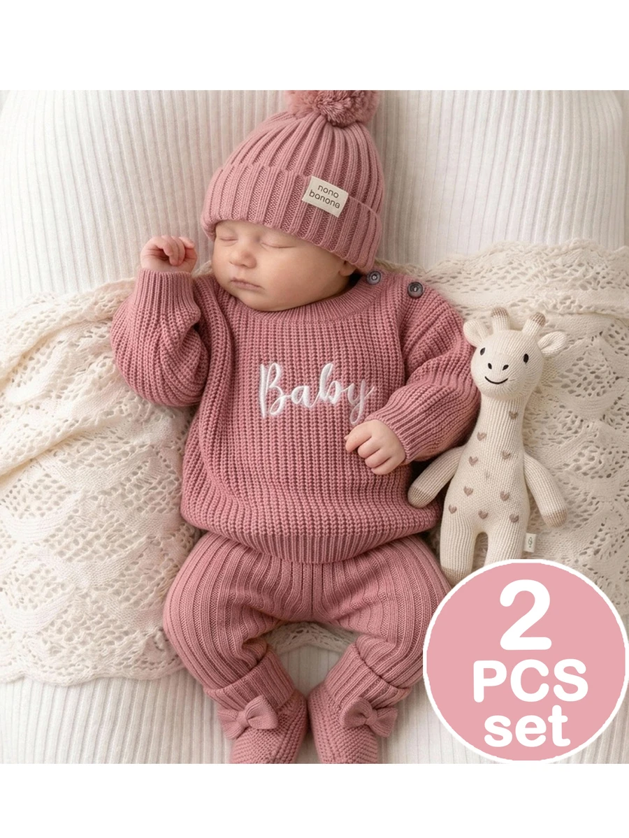 SHEIN Newborn Baby Letter Embroidered Autumn Winter Sweater, Leggings, Bow Decor Socks And Hat Knit Set - Pink - View 1