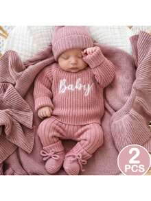SHEIN Newborn Baby Letter Embroidered Autumn Winter Sweater, Leggings, Bow Decor Socks And Hat Knit Set - Pink - View 6