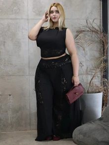 CHERRY TINTT SELECTION 大码女式蕾丝拼接阔腿裤，宽松休闲轻盈夏季设计 - 黑色 - 查看 1