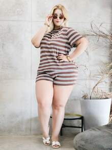 CHERRY TINTT SELECTION Plus Size Women Casual Striped Short Sleeve T-Shirt & Shorts 2 Pieces Set, Spring/Summer - Multicolor - View 1