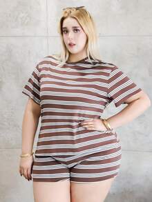 CHERRY TINTT SELECTION Plus Size Women Casual Striped Short Sleeve T-Shirt & Shorts 2 Pieces Set, Spring/Summer - Multicolor - View 4