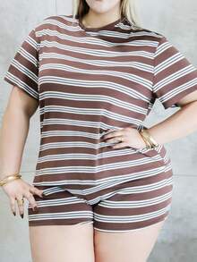 CHERRY TINTT SELECTION Plus Size Women Casual Striped Short Sleeve T-Shirt & Shorts 2 Pieces Set, Spring/Summer - Multicolor - View 3