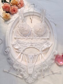 Crystal Vow 4pcs/Set Women's Sexy Romantic Embroidered Front Hollow-Out Underwire Bras - White - View 1