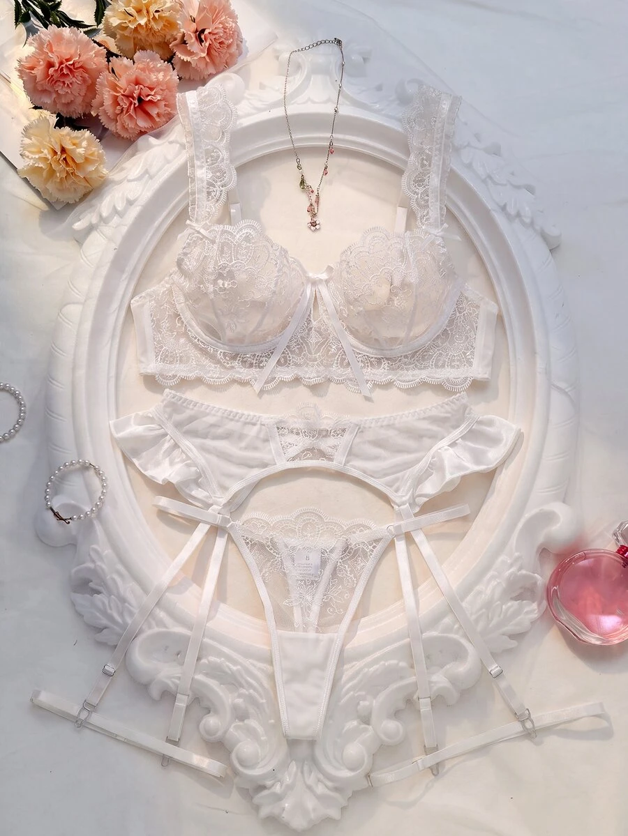 Crystal Vow 4pcs/Set Women's Sexy Romantic Embroidered Front Hollow-Out Underwire Bras - White - View 1