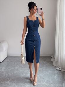 SHEIN Clasi Women's Elegant Tea Party Sweetheart Neckline Sleeveless Waist-Cinching Slit Washed Mid-Length Denim Dress - Dark Wash - View 5