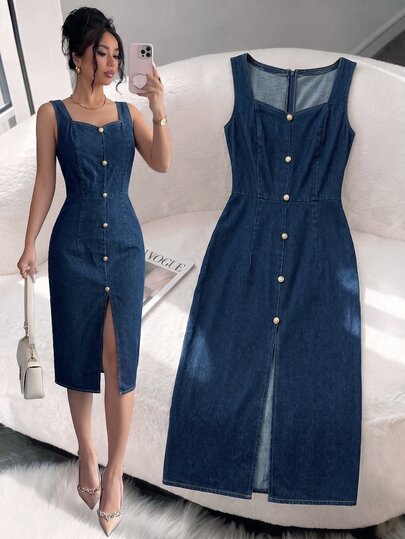 Elenzga Women's Elegant Tea Party Sweetheart Neckline Sleeveless Waist-Cinching Slit Washed Mid-Length Denim Dress
