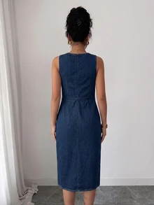 SHEIN Clasi Women's Elegant Tea Party Sweetheart Neckline Sleeveless Waist-Cinching Slit Washed Mid-Length Denim Dress - Dark Wash - View 2