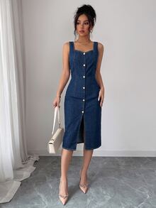 SHEIN Clasi Women's Elegant Tea Party Sweetheart Neckline Sleeveless Waist-Cinching Slit Washed Mid-Length Denim Dress - Dark Wash - View 6
