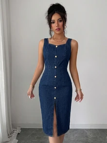 SHEIN Clasi Women's Elegant Tea Party Sweetheart Neckline Sleeveless Waist-Cinching Slit Washed Mid-Length Denim Dress - Dark Wash - View 4