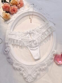 Crystal Vow 白色蕾丝拼接女士内裤，荷叶边下摆设计，是婚礼季的理想之选 - 白色 - 查看 1