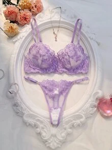 Crystal Vow 2pcs/Set Blue Vintage Style Sexy Lingerie Set For Women - Purple - View 1