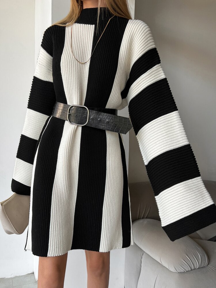 SHEIN Tall Tall Size Two Tone Mock Neck Trumpet Sleeve Casual Sweater Dress Without Belt - Black and White - View 3