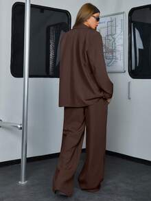SHEIN Tall Tall Size Solid Brown Color Loose Fit Casual Young Women's Suit Set - Brown - View 3
