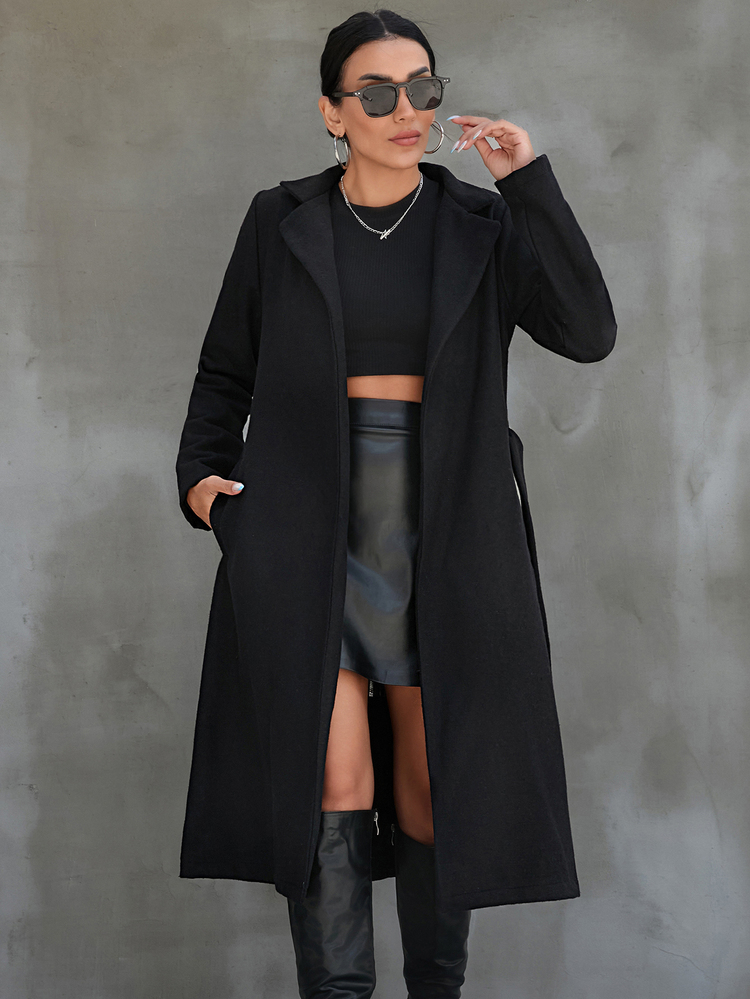 SHEIN Tall Tall Size Women's Black Solid Color Casual Elegant Open Lapel Collar Coat With Belt Office Winter - Black - View 4
