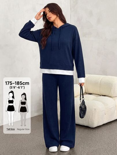 SHEIN Tall Conjunto de 2 peças para mulher com sweatshirt oversize e calças de fato de treino em azul-marinho mesclado