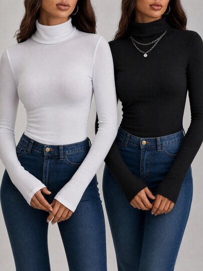 SHEIN Tall Set de 2 pulovere casual pentru femei, lungi, cu guler înalt, culoare uni și mânecă lungă