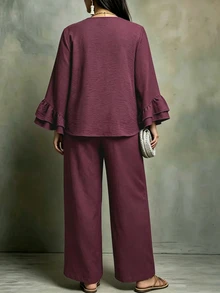 Linhara CURVE Plus Size Women's Autumn Casual Burgundy V-Neck Long Sleeve Ruffle Collar & Cuffs Loose Slimming Top & Wide Leg Pants 2 Pieces Set For Outings Fall - Burgundy - View 2