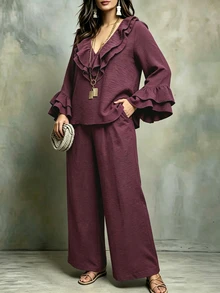 Linhara CURVE Plus Size Women's Autumn Casual Burgundy V-Neck Long Sleeve Ruffle Collar & Cuffs Loose Slimming Top & Wide Leg Pants 2 Pieces Set For Outings Fall - Burgundy - View 5