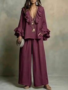 Linhara CURVE Plus Size Women's Autumn Casual Burgundy V-Neck Long Sleeve Ruffle Collar & Cuffs Loose Slimming Top & Wide Leg Pants 2 Pieces Set For Outings Fall - Burgundy - View 1