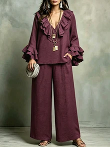 Linhara CURVE Plus Size Women's Autumn Casual Burgundy V-Neck Long Sleeve Ruffle Collar & Cuffs Loose Slimming Top & Wide Leg Pants 2 Pieces Set For Outings Fall - Burgundy - View 4