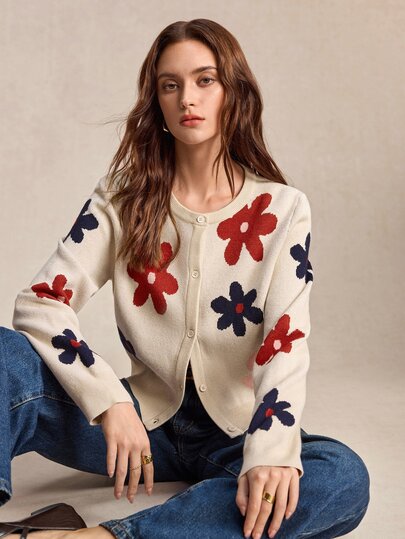 BizChic Women's Vintage Jacquard Round Neck Cardigan, French Elegant Retro Style, Suitable For Autumn/Winter, Office, Commute, Business, Workplace, Social, Formal, Halloween, Christmas, New Year, Graduation, Urban, Daily, Casual, 90s Old Money Style, Outing, Dating, Birthday, Party, Gathering, Wedding Guest, Country Style, Concert, Travel, Simple Basic Outfit, Brunch, Tea Party, Airport, Back To School, Prom