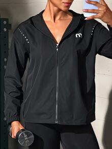Solea Cove Solea Cove Jaket Olahraga Wanita Lengan Panjang dengan Resleting dan Tudung, Motif Huruf - Hitam - View 7