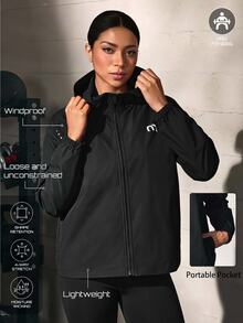 Solea Cove Solea Cove Jaket Olahraga Wanita Lengan Panjang dengan Resleting dan Tudung, Motif Huruf - Hitam - View 4
