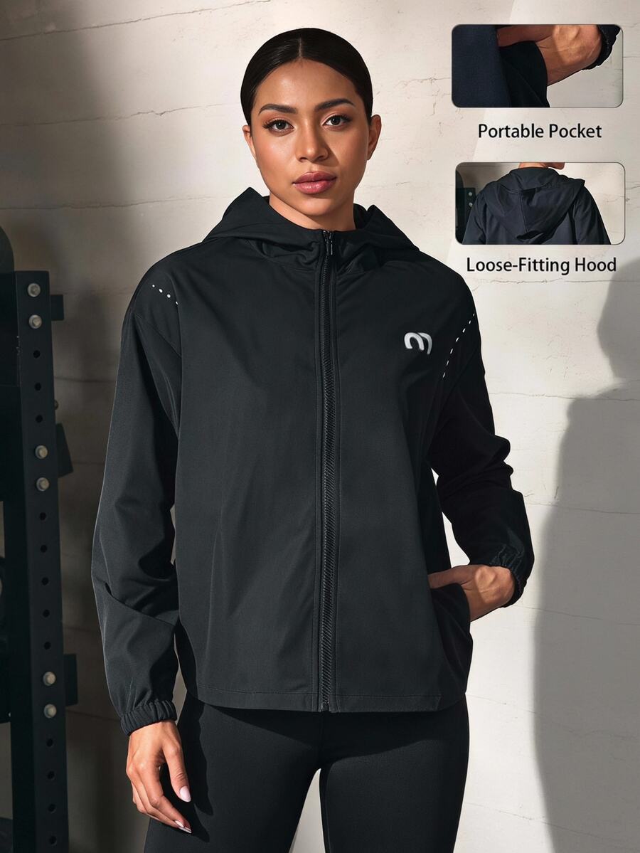 Solea Cove Solea Cove Jaket Olahraga Wanita Lengan Panjang dengan Resleting dan Tudung, Motif Huruf