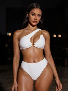 Swim SXY Summer Beach Women's One-Shoulder Bikini Set With Circular Decoration, Two-Piece - White - View 2