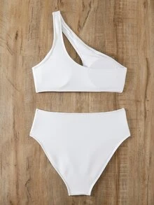 Swim SXY Summer Beach Women's One-Shoulder Bikini Set With Circular Decoration, Two-Piece - White - View 4