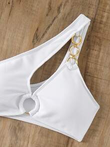 Swim SXY Summer Beach Women's One-Shoulder Bikini Set With Circular Decoration, Two-Piece - White - View 6