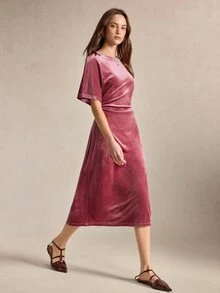 BizChic 女款莓紅色船領短袖洋裝，法式優雅復古風，適合秋冬、辦公通勤、商務職場、正式場合、萬聖節、都市日常休閒、約會、生日派對、婚禮賓客、鄉村風、返校、教堂、特殊場合、度假，浪漫簡約性感修身百搭 - 米色 - 查看 6