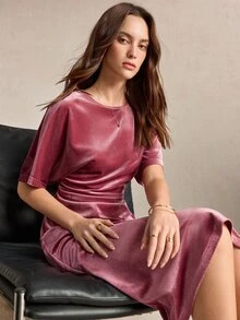 BizChic 女款莓紅色船領短袖洋裝，法式優雅復古風，適合秋冬、辦公通勤、商務職場、正式場合、萬聖節、都市日常休閒、約會、生日派對、婚禮賓客、鄉村風、返校、教堂、特殊場合、度假，浪漫簡約性感修身百搭 - 米色 - 查看 1