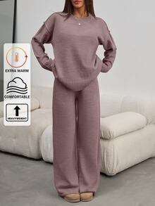 SHEIN Tall Tall Size Women Dusty Pink Solid Color Round Neck Long Sleeve Rib Kni - Dusty Pink - View 3
