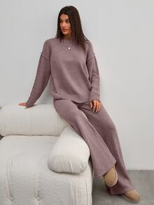 SHEIN Tall Tall Size Women Dusty Pink Solid Color Round Neck Long Sleeve Rib Kni - Dusty Pink - View 6