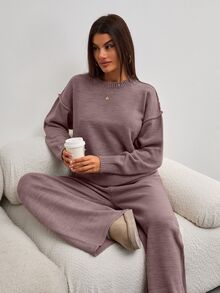 SHEIN Tall Tall Size Women Dusty Pink Solid Color Round Neck Long Sleeve Rib Kni - Dusty Pink - View 9