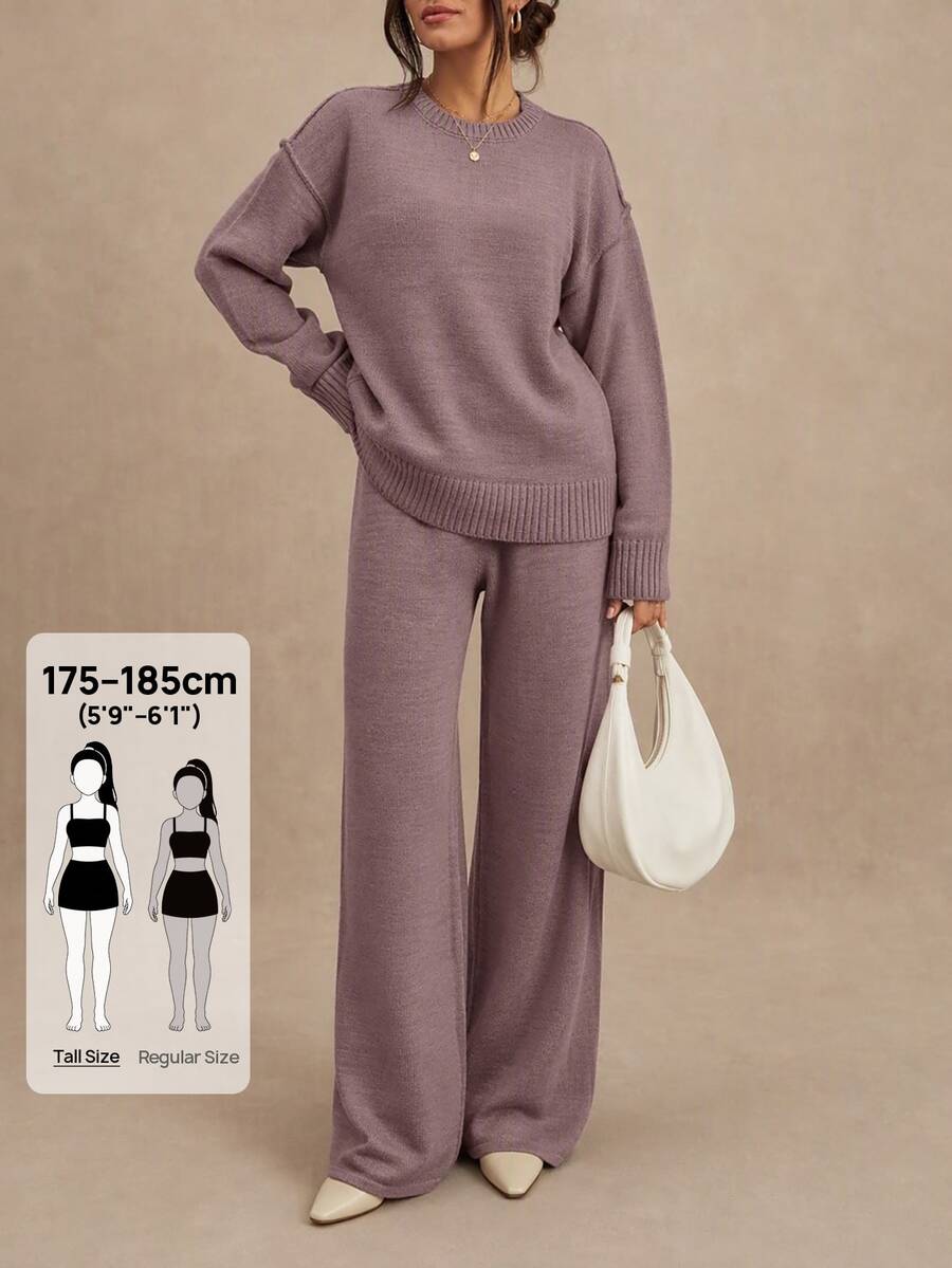 SHEIN Tall Tall Size Women Dusty Pink Solid Color Round Neck Long Sleeve Rib Kni - Dusty Pink - View 1