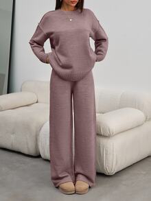 SHEIN Tall Tall Size Women Dusty Pink Solid Color Round Neck Long Sleeve Rib Kni - Dusty Pink - View 5