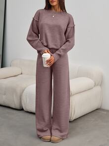 SHEIN Tall Tall Size Women Dusty Pink Solid Color Round Neck Long Sleeve Rib Kni - Dusty Pink - View 4
