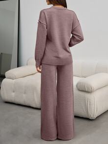SHEIN Tall Tall Size Women Dusty Pink Solid Color Round Neck Long Sleeve Rib Kni - Dusty Pink - View 7