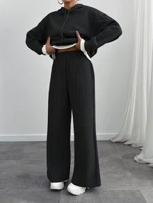 SHEIN Tall بدلة رياضية نسائية مقاس طويل من القطن، سويت شيرت بغطاء رأس مع تفاصيل حبل سحب، بنطال رياضي بقصة فضفاضة، كاجوال بلون موحد - الأسود - مشاهدة 4