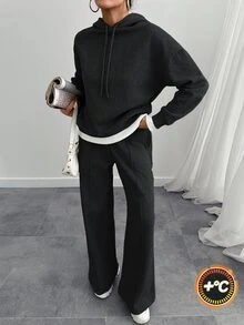 SHEIN Tall بدلة رياضية نسائية مقاس طويل من القطن، سويت شيرت بغطاء رأس مع تفاصيل حبل سحب، بنطال رياضي بقصة فضفاضة، كاجوال بلون موحد - الأسود - مشاهدة 3