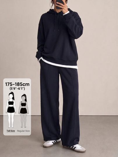SHEIN Tall بدلة رياضية نسائية مقاس طويل من القطن، سويت شيرت بغطاء رأس مع تفاصيل حبل سحب، بنطال رياضي بقصة فضفاضة، كاجوال بلون موحد