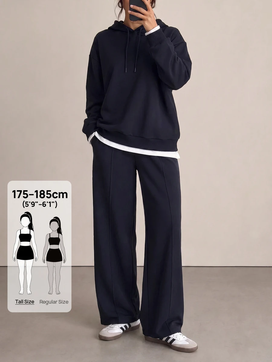 SHEIN Tall بدلة رياضية نسائية مقاس طويل من القطن، سويت شيرت بغطاء رأس مع تفاصيل حبل سحب، بنطال رياضي بقصة فضفاضة، كاجوال بلون موحد - الأسود - مشاهدة 1