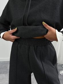 SHEIN Tall بدلة رياضية نسائية مقاس طويل من القطن، سويت شيرت بغطاء رأس مع تفاصيل حبل سحب، بنطال رياضي بقصة فضفاضة، كاجوال بلون موحد - الأسود - مشاهدة 9